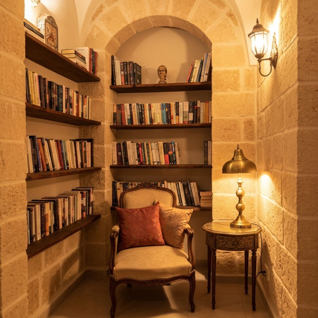 Cozy reading nook with bookshelf and vintage armchair