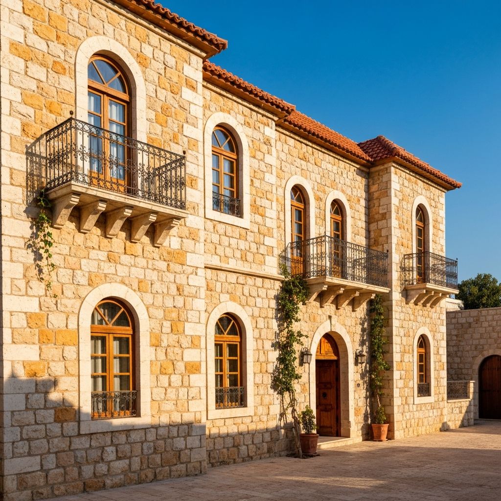 Traditional Lebanese stone facade with arched windows