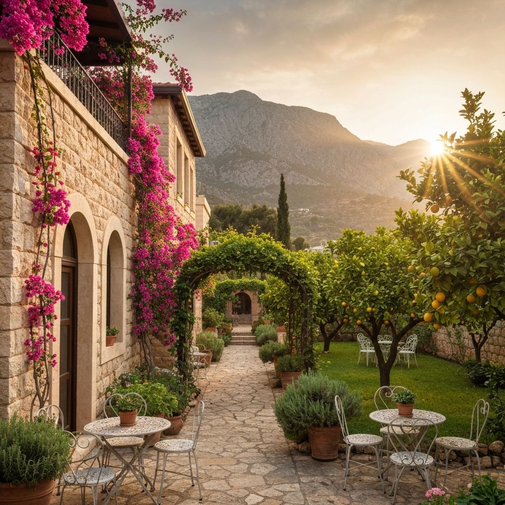 Lush Mediterranean garden with bougainvillea and stone pathways