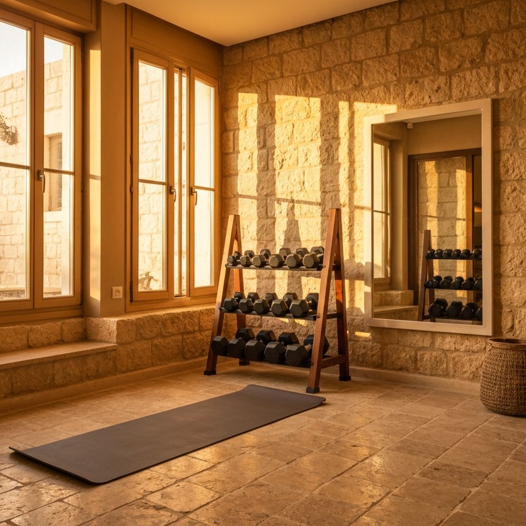 Fitness corner with yoga mats and free weights