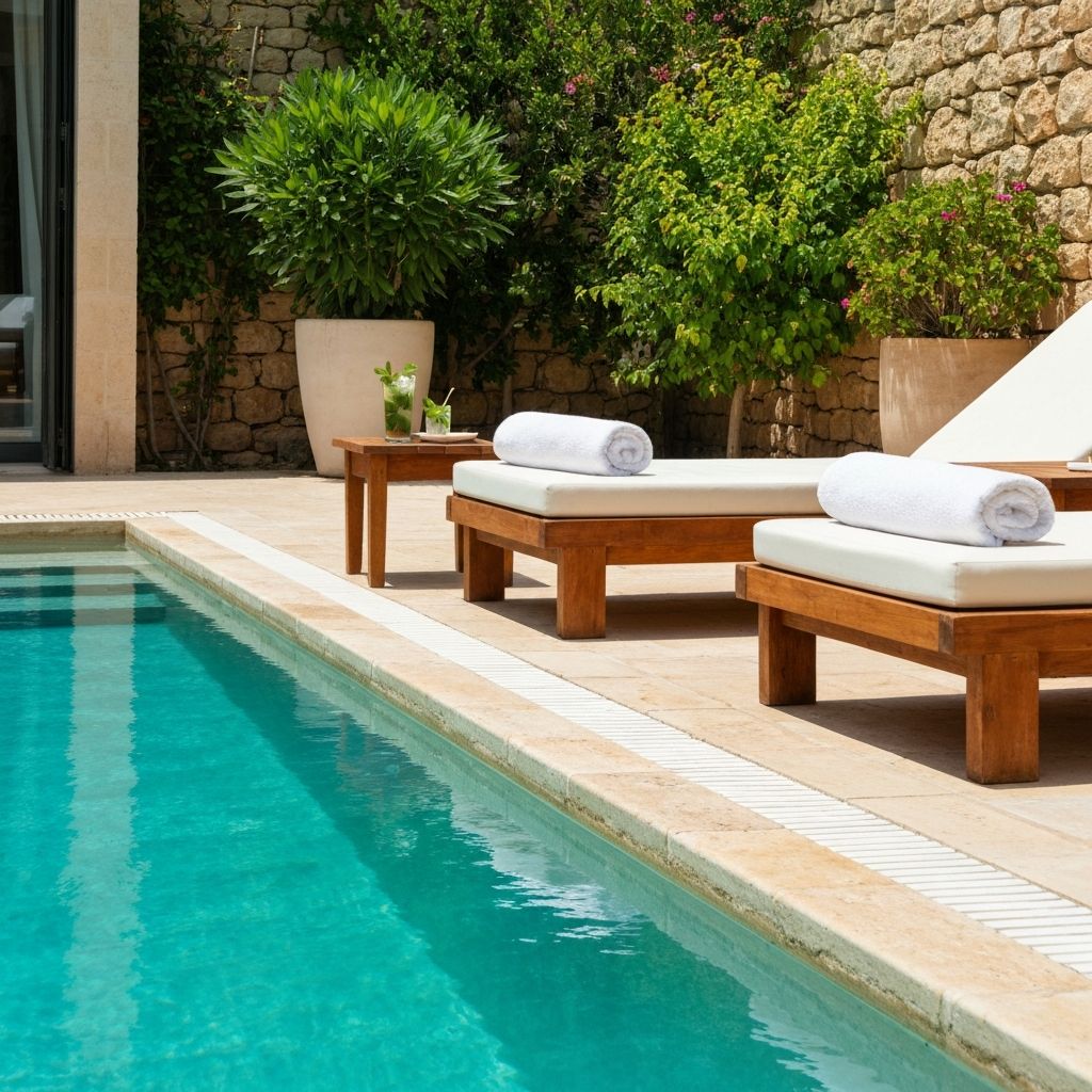 Poolside relaxation area with refreshments
